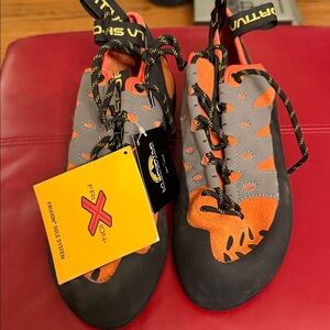 La Sportiva Gray and Orange Climbing Shoes.